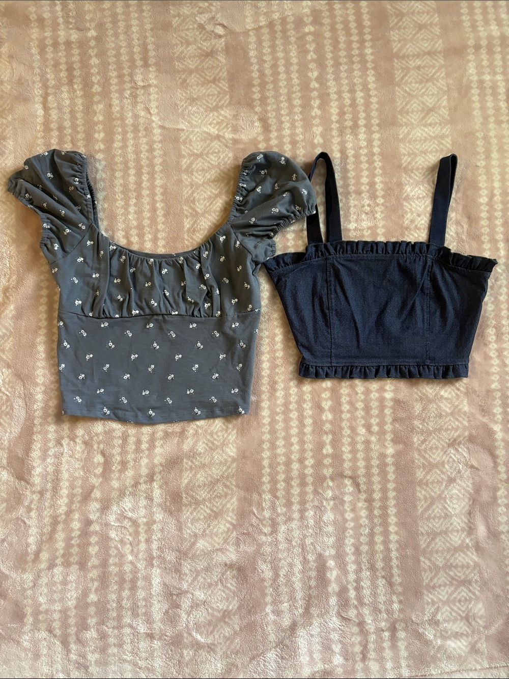 Gray Floral Puff Sleeve Cropped Top and blue Smocked Crop Tank Set